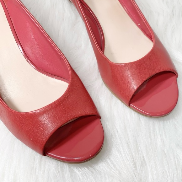 SOLD-Cole Haan Leather Peep Toe Low Heel Red Wedge Slip On Shoes - Picture 3 of 14